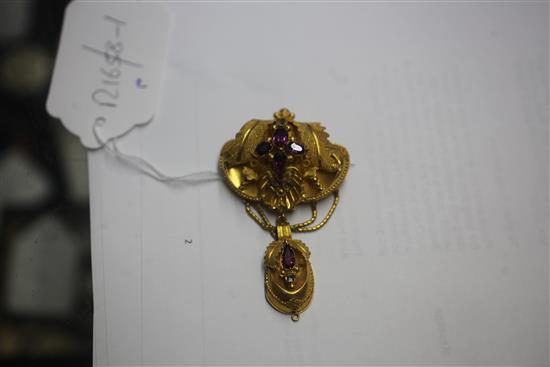 A Victorian high carat gold and gem set gem drop pendant brooch, 2.75in.